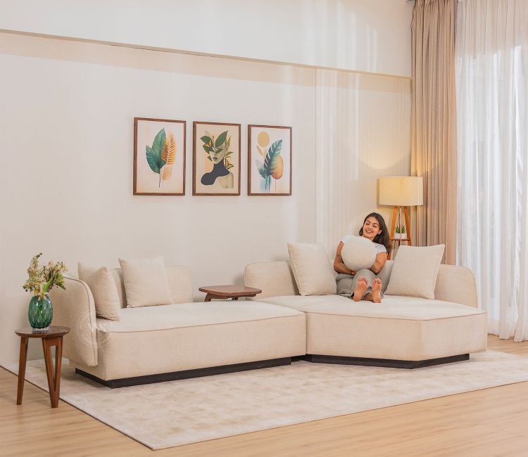 Float Premium Fabric Sectional Sofa with Movable Solid Wood Tray Table (Jade Ivory) Float Premium Fabric Sectional Sofa with Movable Solid Wood Tray Table