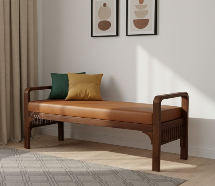 Sheril Mango Wood Bench with Cane Detailing &amp; Plush Brown Upholstery (Teak Finish)
