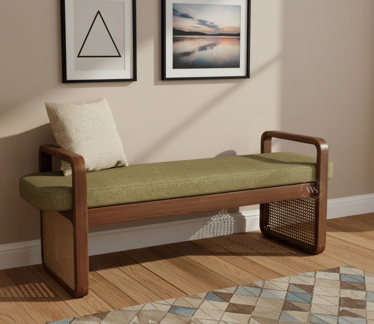 Sheril Mango Wood Bench with Cane Detailing (Teak Finish, Basil Green)