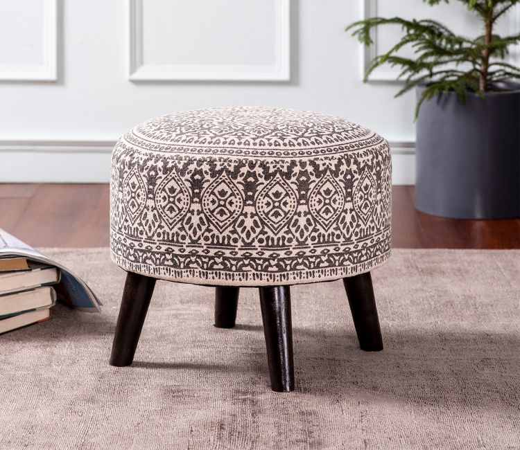 Nestroots Grey Cotton Canvas Wooden Ottoman | 14 Inches Sitting Stool For Living Room Buy ottoman chair | pouffe seat online at best prices in bangalore, mumbai, chennai