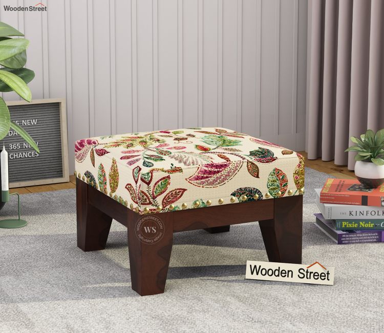 Ditor Stool (Walnut Finish, Rosy Leaf) Wooden stool for living room – handcrafted solid wood stool design