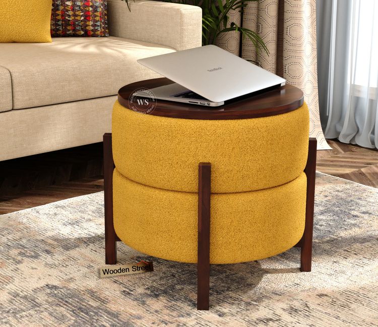 Samantha Reversible Stool Cum End Table (Boucle Yellow) Samantha Reversible Stool Cum End Table in Boucle Yellow for Living Room