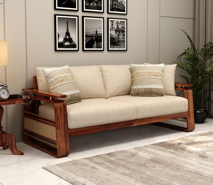 Vedic 3 Seater Sheesham Wood Sofa With Cane and Brass Detailing (Honey Finish, Jade Ivory) sofa set wooden design | simple wooden sofa design | teak wood sofa set
