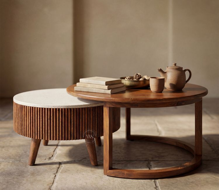 Akasa Sheesham Wood Nesting Coffee Tables With Storage, Set of 2 (Teak Finish)