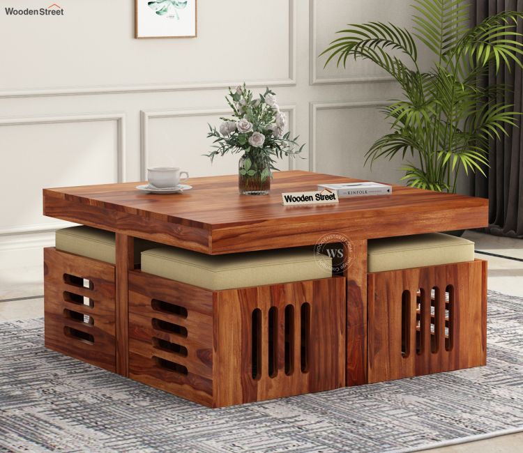 Petlin Sheesham Wood Coffee Table with Stools | Centre Table with 4 Cushioned Seats