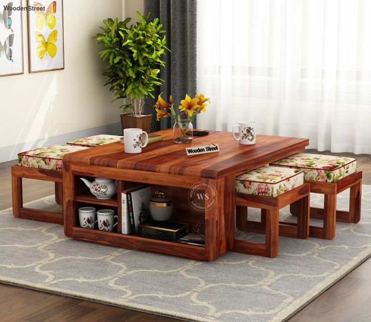 Vesta Wooden Coffee Table | Modern Coffee Table Design with 4 Cushioned Stools