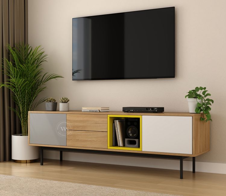 Vivid Modern Floor Rested TV Unit with Metal Base (Engineered Wood, Santana Pattern)