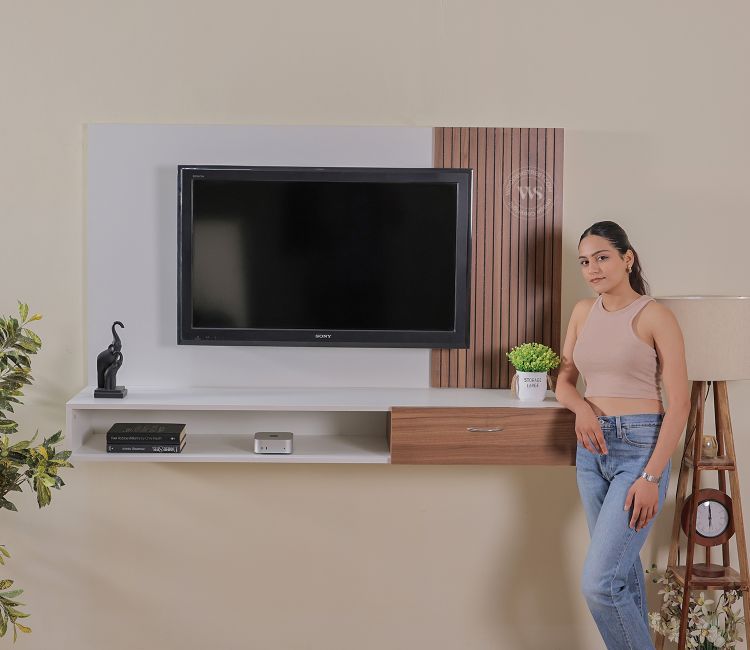 Sheesham wood TV unit with five pull-out drawers in a honey finish