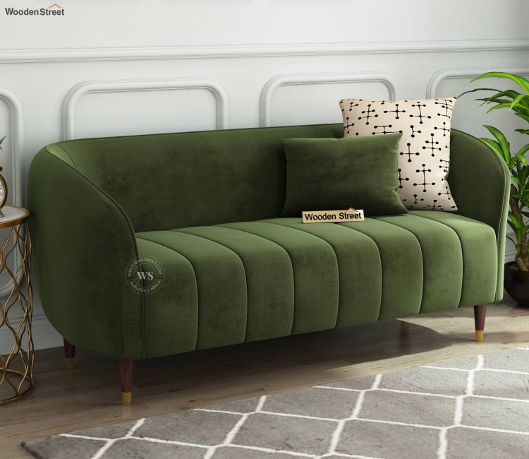Eldric 2 Seater Sofa (Velvet, Dark Olive Green) buy 3 Seater Velvet Fabric Sofa Set online price