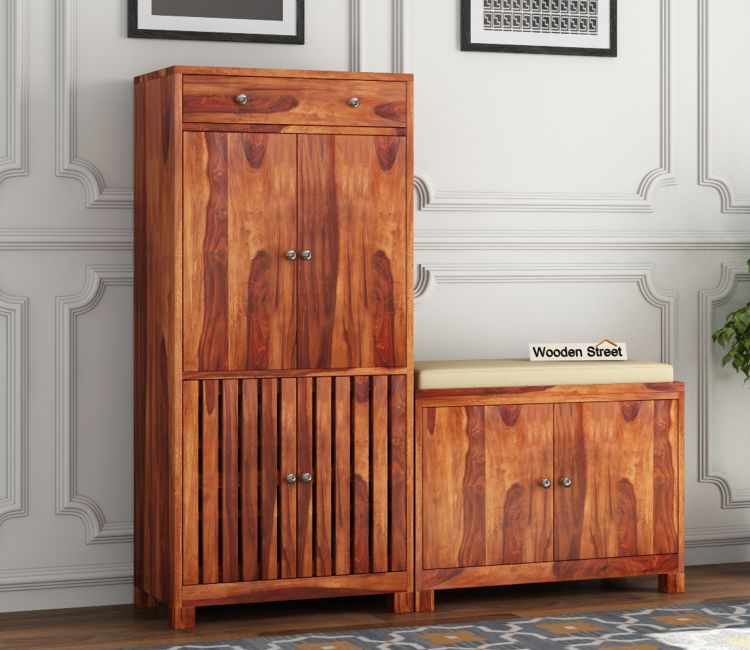 Floreta Wood Shoe Rack With Seat (Honey Finish)