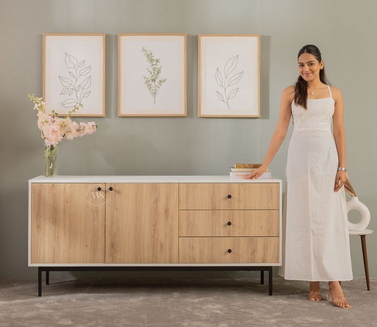 Marbay Modern White Sideboard &amp; Cabinet with Textured Front &amp; Metal Base (Engineered Wood, Santana Pattern)