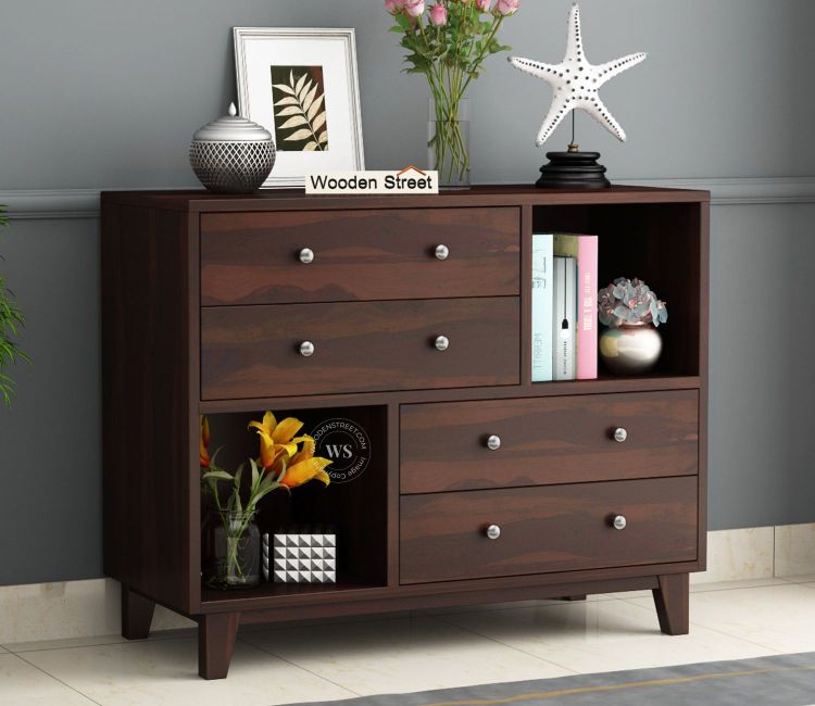 Rochel 4-Drawer Wooden Chest Of Drawers (Walnut Finish) Rochel 4-Drawer Wooden Chest Of Drawers In Walnut Finish For Bedroom