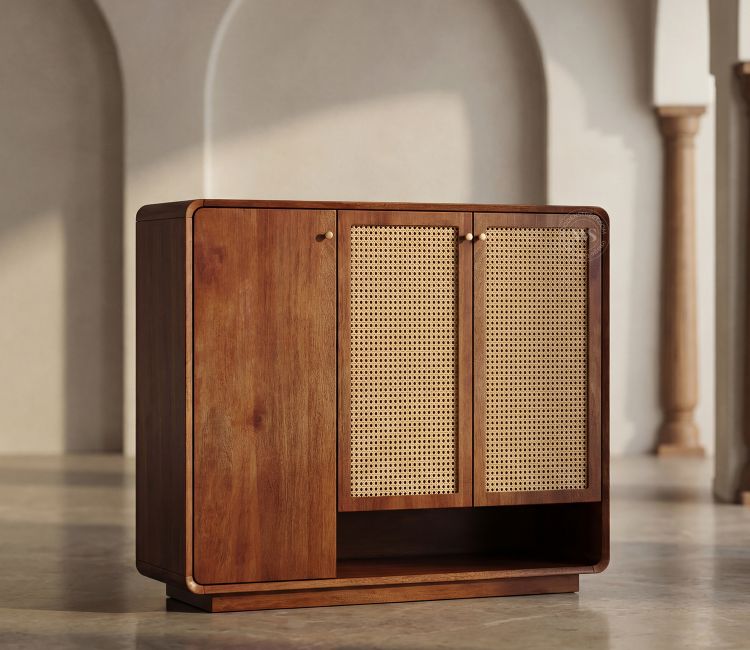 Griva Premium Solid Wood Shoe Cabinet With Cane Detailing (Mango Wood, Teak Finish)