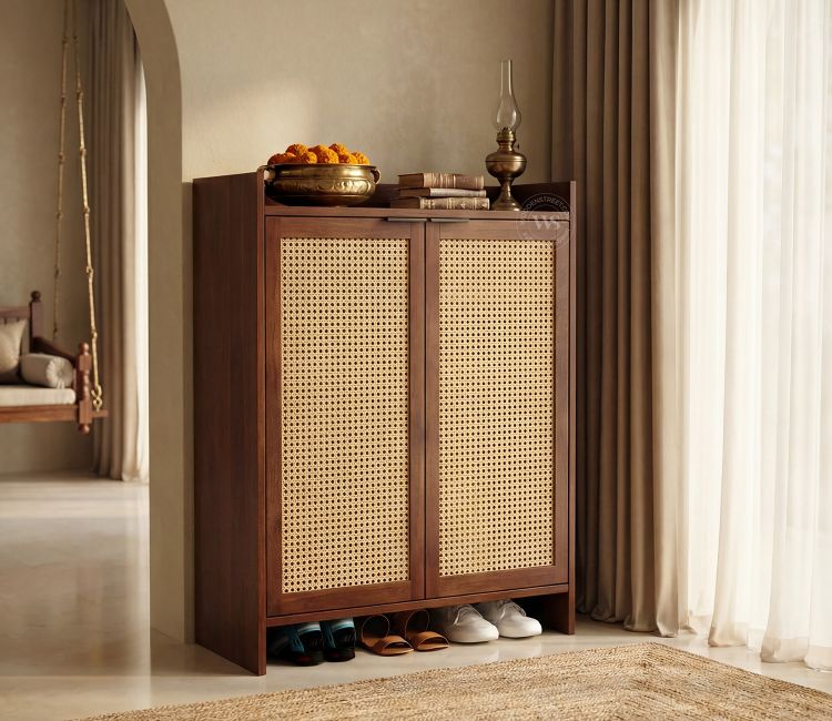 Vithiya Premium Solid Wood Shoe Rack With Cane Detailing (Mango Wood, Teak Finish)