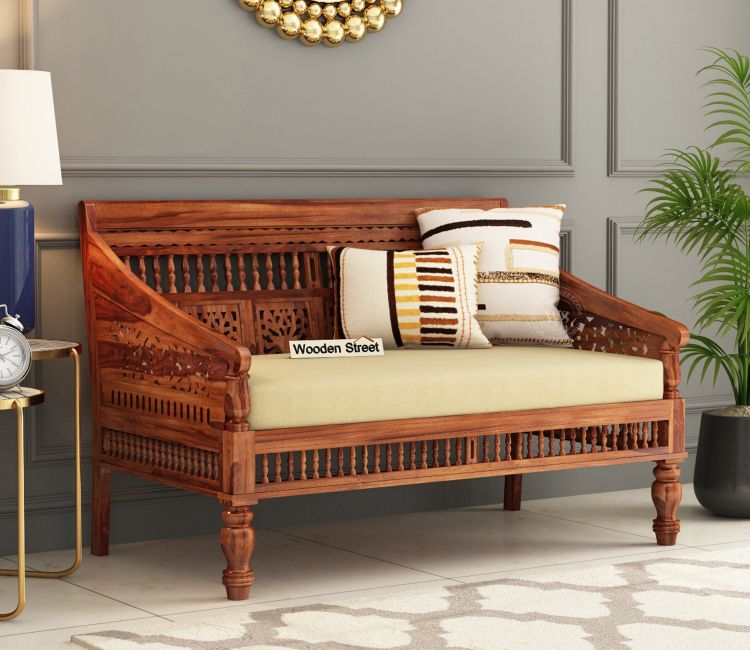Alanis 2 Seater Wooden Sofa (Honey Finish) 2 seater sofa with storage at lowest price, two seater sofa under 5000