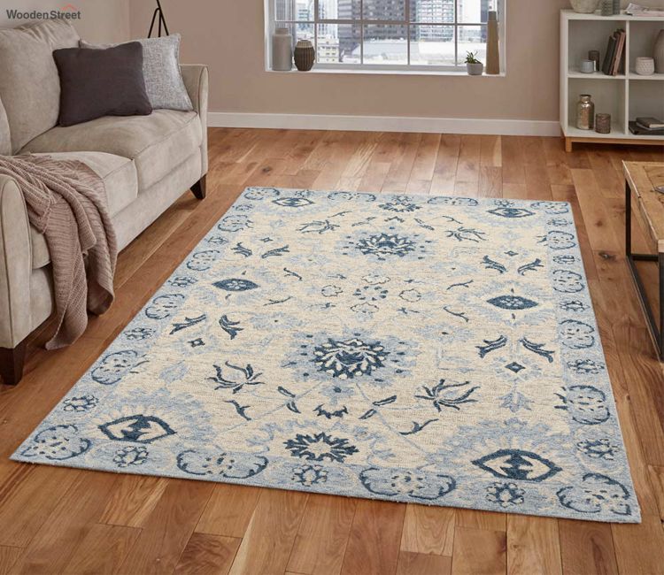 Buy Kashmiri Carpets Online | Floor Carpet Design - Kashmiri Carpet For Living Room - Loop Pile Floral Hand-Tufted Wool Carpet 6 x 4 Feet (Light Blue)