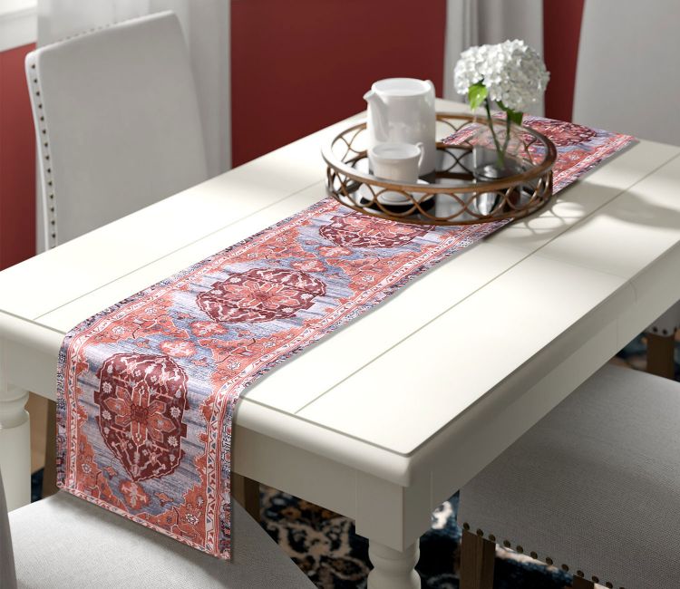 Grey and Orange Velvet Printed Table Runner (72 x 14 inches) Table linen online in India