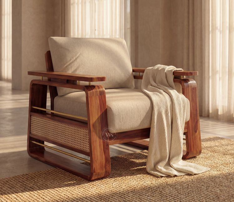 Vedic 1 Seater Sheesham Wood Sofa With Cane and Brass Detailing (Teak Finish, Jade Ivory) buy 3 Seater Velvet Fabric Sofa Set online price