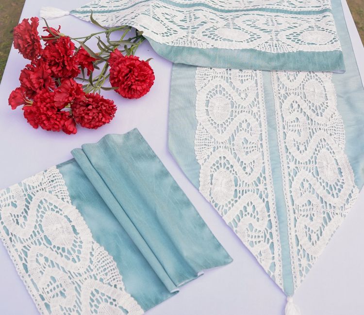 Aqua Fringe Dupion With Soft Tassar Silk Fabric Table Placemats and Runner - Set Of 7 Handmade Madur Kathi Natural Fibre Grey Yellow Placemats and Table Runner - Set of 7