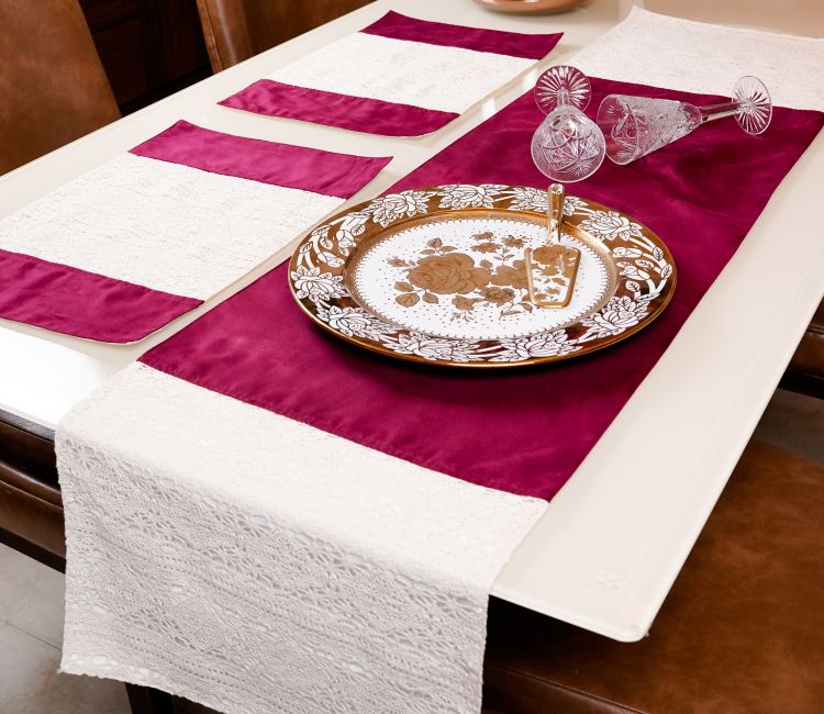 Wine Suede With Soft Suede Fabric Table Placemats and Runner - Set Of 7 Handmade Madur Kathi Natural Fibre Grey Yellow Placemats and Table Runner - Set of 7