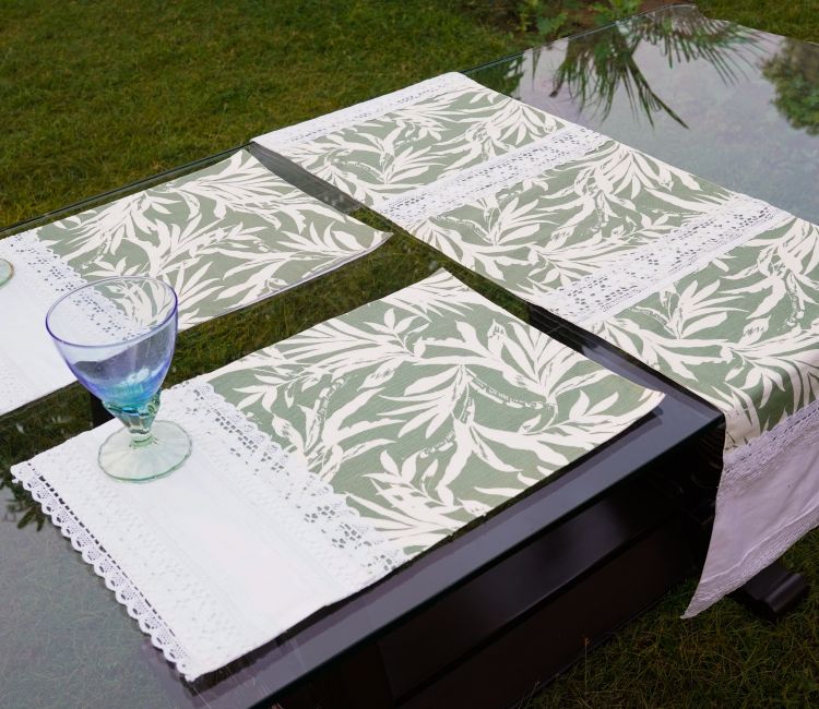 Tropical Greens With Soft Cotton Rayon Fabric Table Placemats and Runner - Set Of 7 Handmade Madur Kathi Natural Fibre Grey Yellow Placemats and Table Runner - Set of 7
