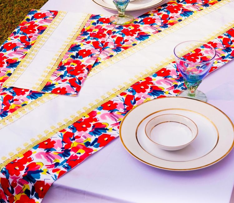 Candy Flowers With Soft Cotton Rayon Fabric Table Placemats and Runner - Set Of 7 Handmade Madur Kathi Natural Fibre Grey Yellow Placemats and Table Runner - Set of 7