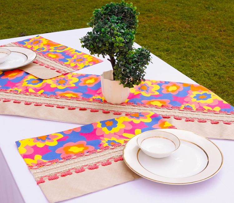 Floral Love With Soft Cotton Rayon Fabric Table Placemats and Runner - Set Of 7 Handmade Madur Kathi Natural Fibre Grey Yellow Placemats and Table Runner - Set of 7