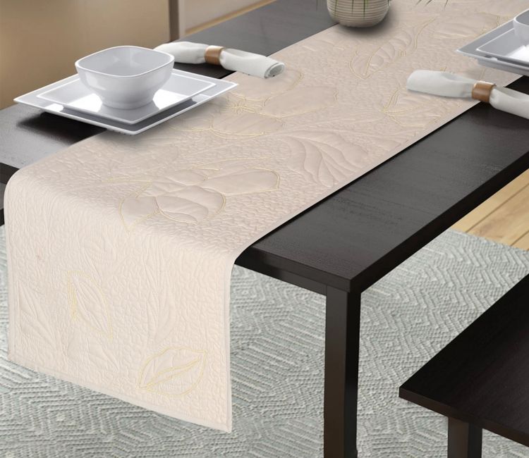 Cotton Quilted and Embroidered Table Runner (Ivory, 72 x 14 Inch) Buy Table linen online at best price