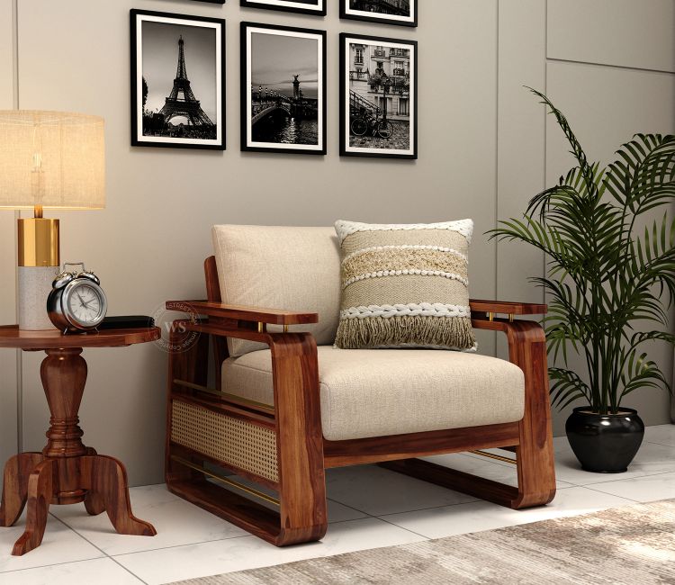 Vedic 1 Seater Sheesham Wood Sofa With Cane and Brass Detailing (Honey Finish, Jade Ivory) buy 3 Seater Velvet Fabric Sofa Set online price