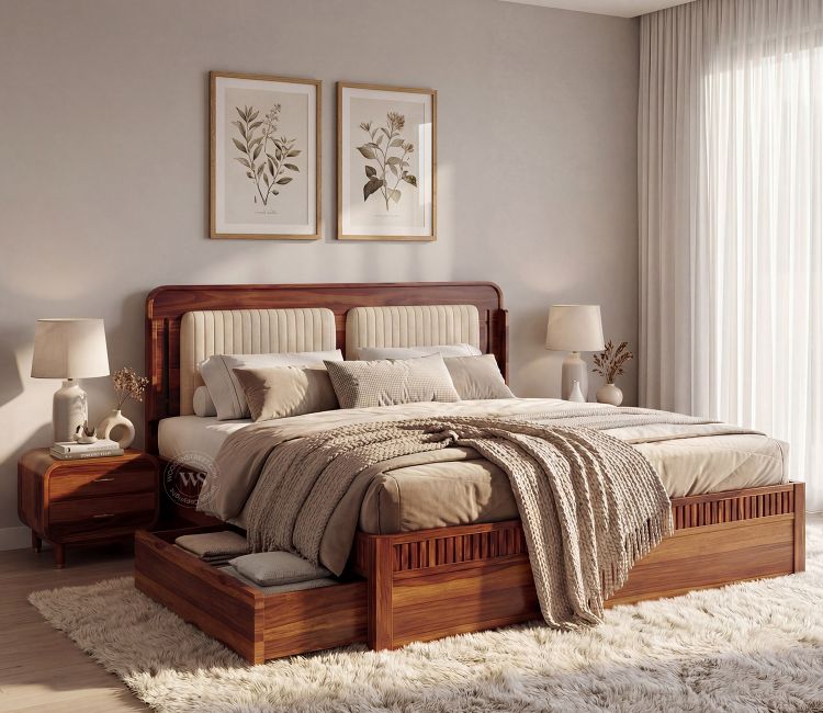Lotus Premium Sheesham Wood Bed with Drawer Storage (King Size, Teak Finish) Lotus Premium Sheesham Wood Bed with Drawer Storage (King Size, Teak Finish)