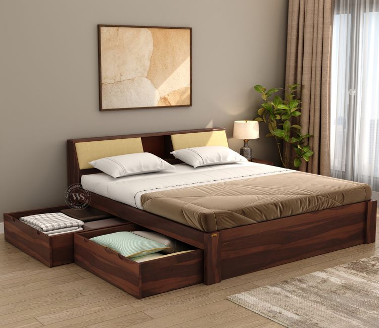 Walken Sheesham Wood Bed with Full Drawer Storage (Queen Size, Walnut Finish) Walken Sheesham Wood King Size Double Bed with Full Drawer Storage at best price