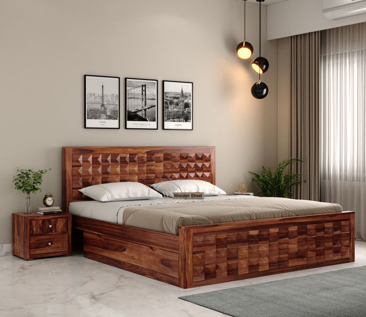 Morse Sheesham Wood Bed with Drawer Storage (King Size, Honey Finish) Wooden Bed Design - Morse King Size Bed with Drawer Storage | Buy Double Bed Online in India