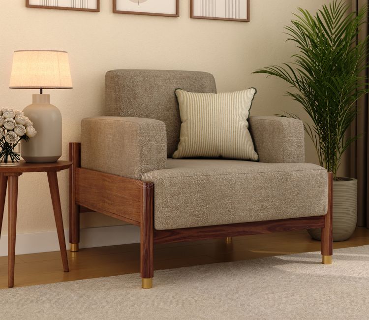 Kairav Modern 1 Seater Wooden Sofa with Premium Upholstery (Pebble Beige) Kairav Modern 1 Seater Wooden Sofa with Premium Upholstery (Pebble Beige)