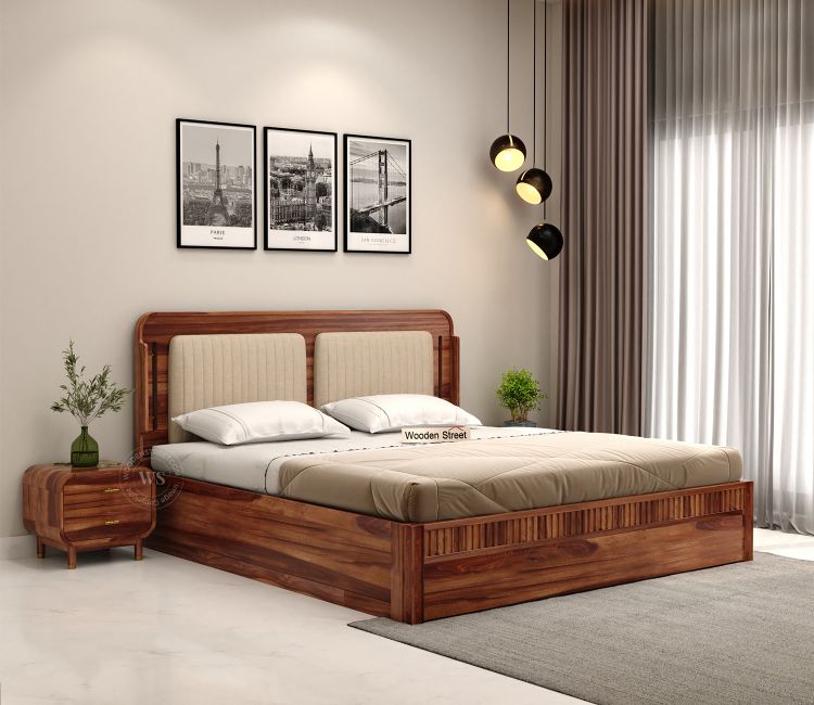 Lotus Premium Sheesham Wood Bed with Box Storage (Queen Size, Honey Finish) original teak wood bed online india, teak bed price low