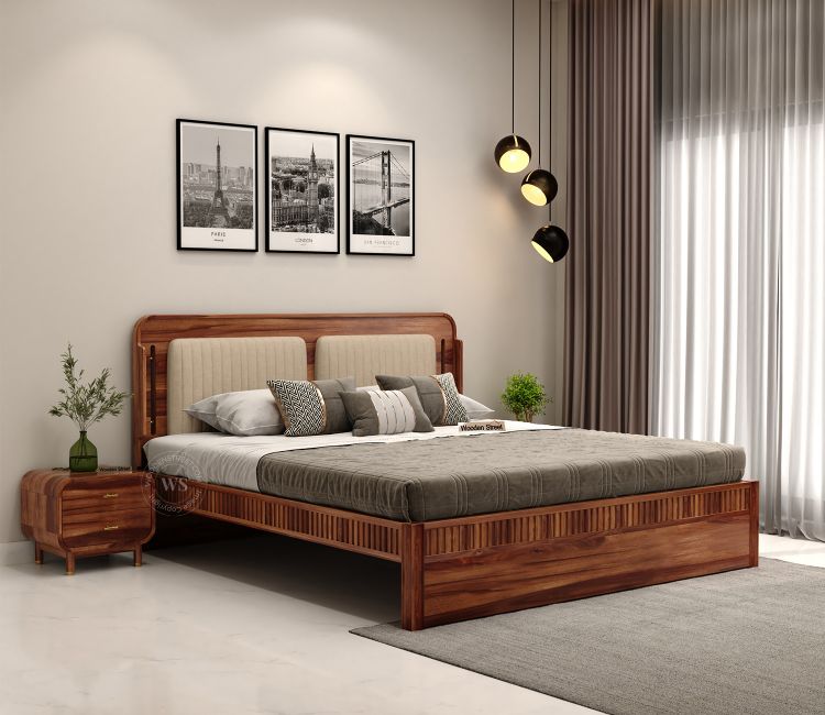 Lotus Premium Sheesham Wood Bed without Storage (King Size, Honey Finish) original teak wood bed online india, teak bed price low