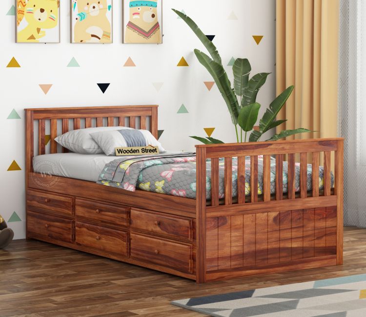 Kids Bed With Storage - Pear Kids Trundle Bed With Storage in Honey Finish