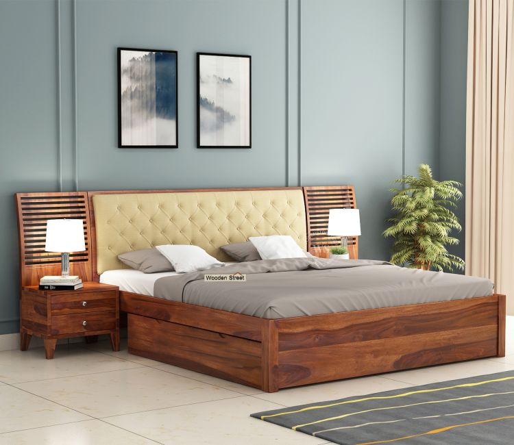 Solid wood double beds with side storage, buy wooden king size beds online with storage, furniture bed design latest, palang design