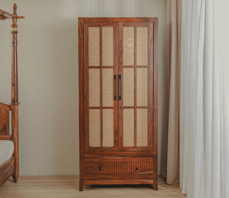 Saanvi Sheesham Wood Wardrobe for clothes with Cane Detailing in Teak Finish