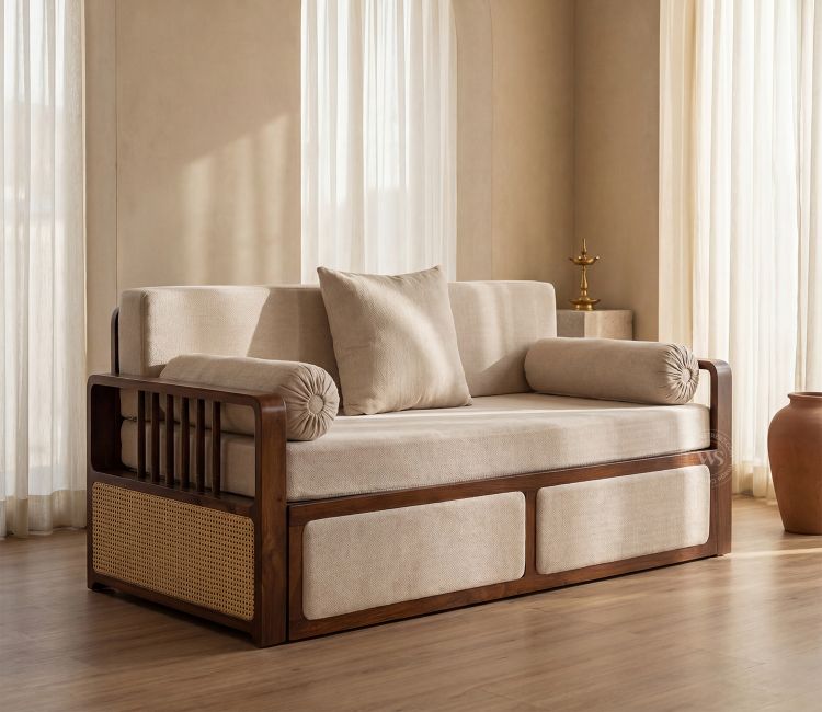 Vaastu 3-Seater Sheesham Wood Sofa Cum Bed in Premium Upholstery with Cane Weaving &amp; Brass Accents (Teak Finish, Cottage Ivory)