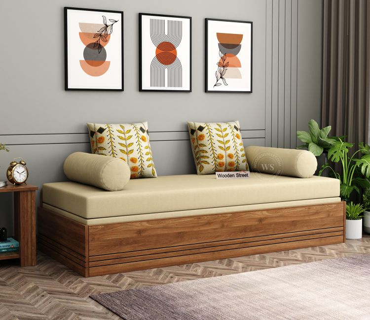 Austria Sofa Cum Bed With Box Storage &amp; Mattresses (King Size, Columbian Walnut Finish, Irish Cream)