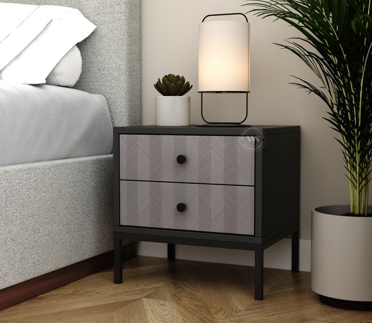 Suven Modern Engineered Wood Bedside Table with MDF Front &amp; Metal Base (Chevron Pattern)