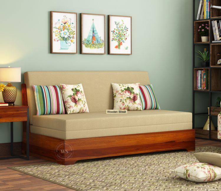 Della 3 Seater Sheesham Wood Sofa Cum Bed Without Armrests (Honey Irish Cream)