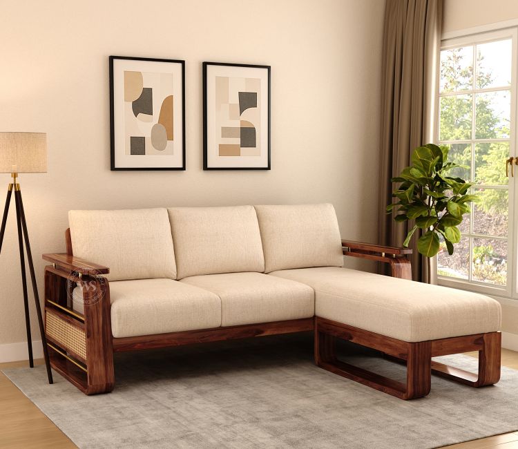 Vedic Sheesham Wood L Shape Left Align Sofa With Cane and Brass Detailing (Honey Finish, Jade Ivory) Vedic Sheesham Wood L Shape Sofa With Cane and Brass Detailing (Honey Finish, Jade Ivory)