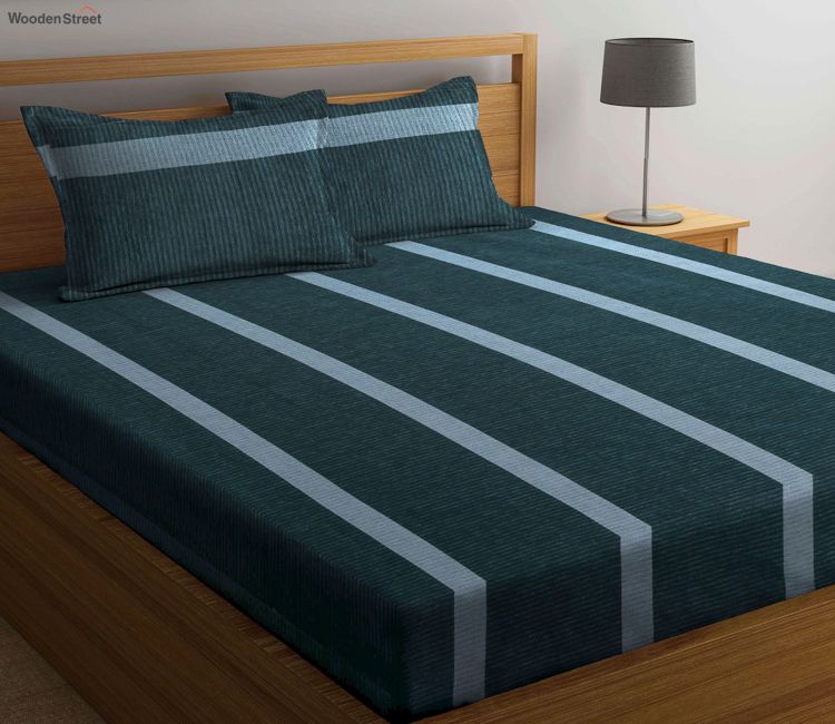 Buy Bed Sheets Online | Stripes 100 Percent Pure Cotton Bedsheet King Size with 2 Pillow Cover (Green)
