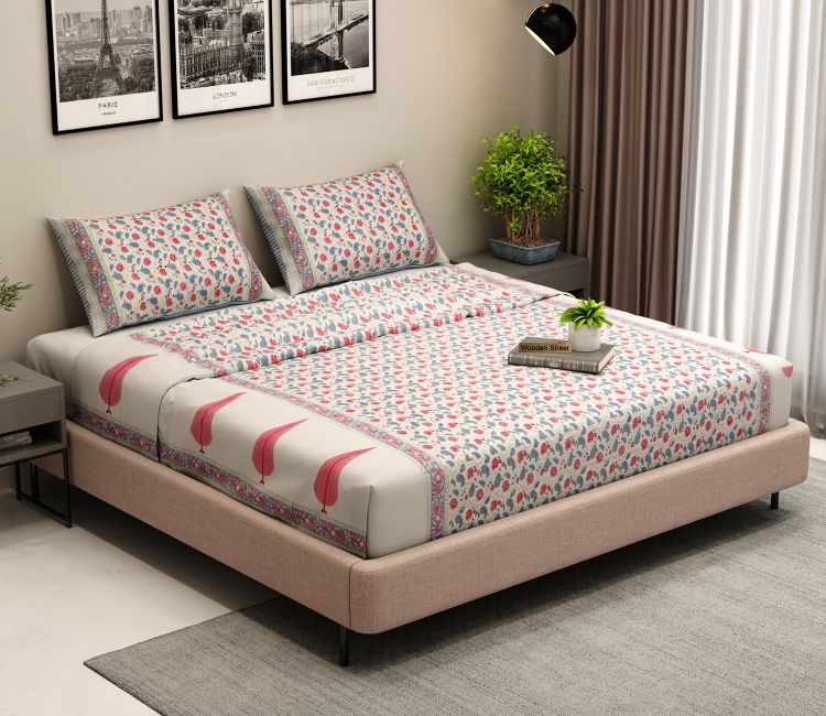 200 TC Double Bed Sheet - Bloom Shay Cotton Bedsheet King Size With 2 Pillow Cover Pink floral screen print cotton bedsheet king size | soft and stylish | double bed sheet with pillow covers.