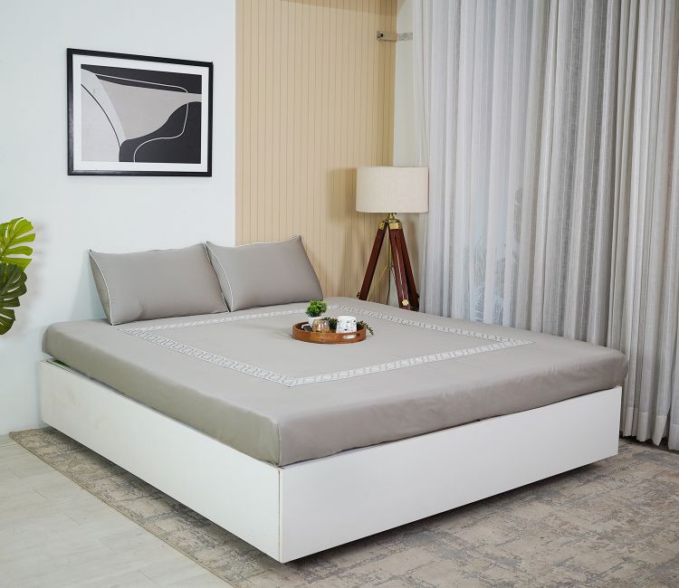 Square Embroidery 300 TC Flat Pure Cotton King Size Bedsheet With 2 Pillow Covers (Grey) Square Embroidery Flat sheet | Shop Flat Pure Cotton Bed sheet for King Size beds online at Wooden Street