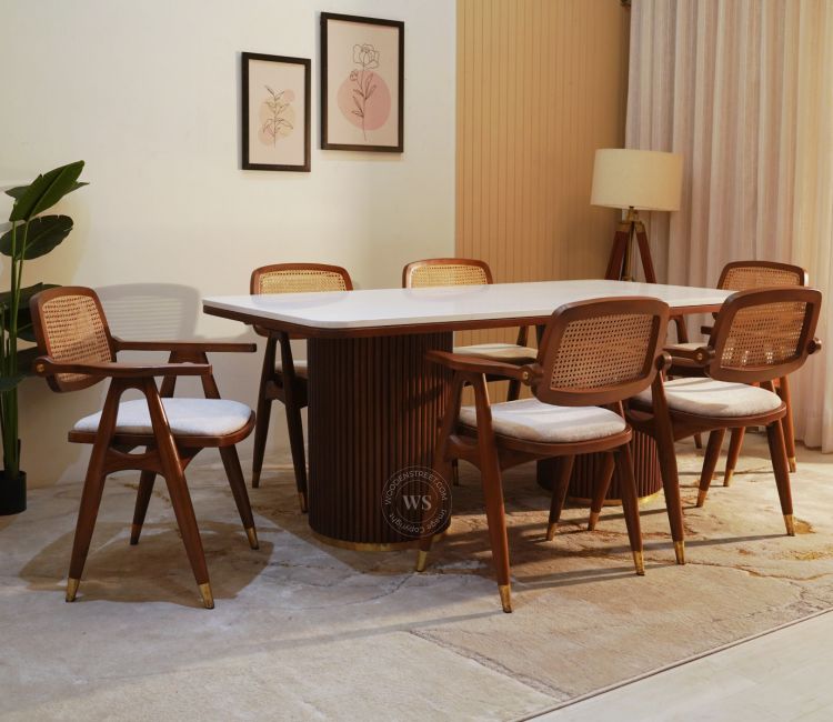 6 Seater Teak Wood Dining Table Set with Marble Top