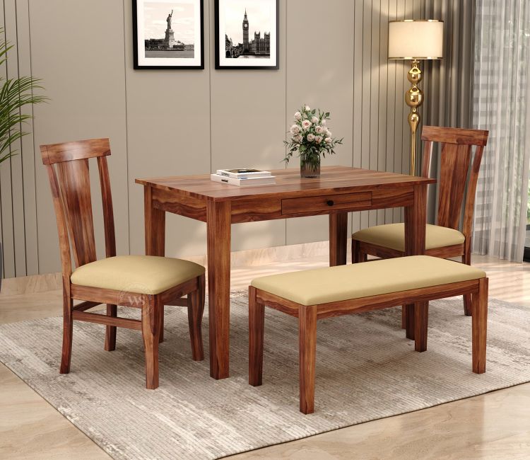 Buy Sheesham Wood 4 Seater Dining Set with Bench in Honey Finish - Wooden Street