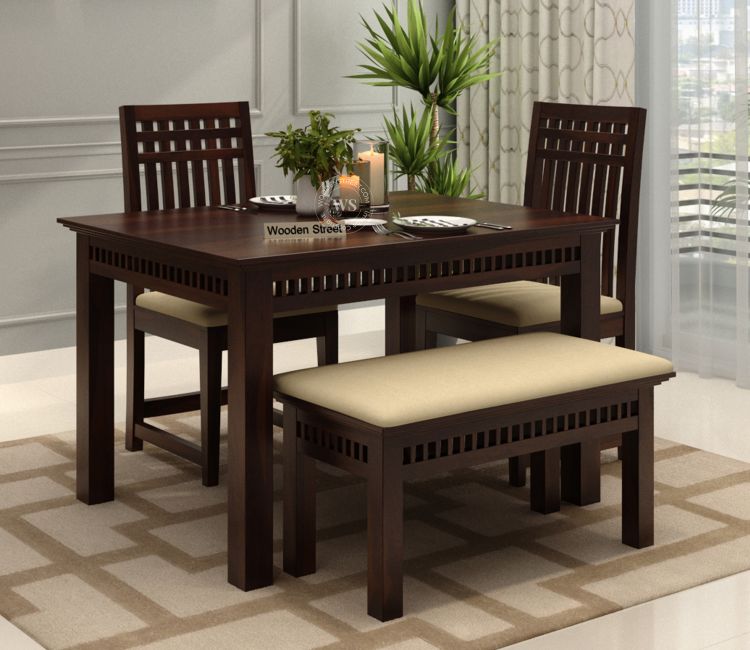 Buy 4 Seater Dining Set with Bench In Walnut Finish - Wooden Street