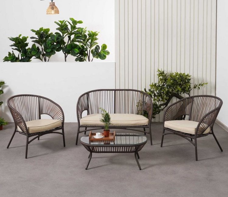 Dark Brown Rope 4 Seater Sofa Set With Table And Cream Cushions Buy garden sofa set online, outdoor sofa in india at low price in Pune, Delhi, Hyderabad